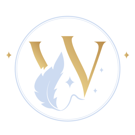Logo of Vicky Walklate, writer of romance, magic and mystery. The logo feaures the letters V and W with a light blue feather quill and stars in the centre